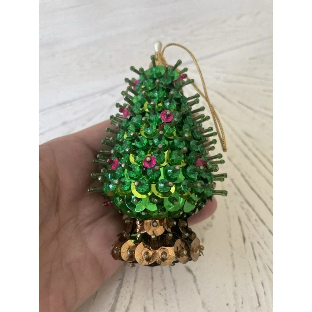Vtg Holiday Handmade Beaded Sequined Christmas Ornaments Set  4 Tree Bells Ball